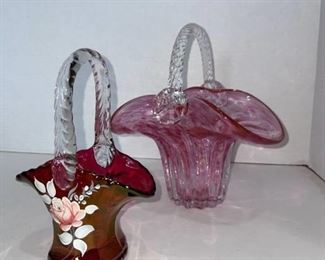 Westmoreland glass hand painted cranberry glass basket 6 in tall with other pink glass basket