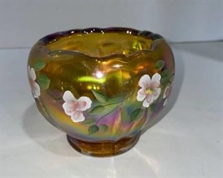 Fenton hand painted amber carnival glass rose bowl 3.5 in tall