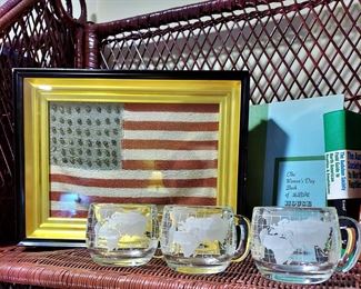 Handmade American Flag with 48 Starts, 4 Nestle Nescafe Glass Mugs
