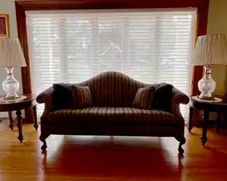 ETHAN ALLEN CAMEL BACK SOFA & PAIR END TABLES, ALL ETHAN ALLEN