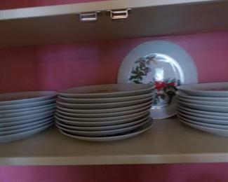 Lefton Christmas redbird plates and matching cups approx 30 pieces each