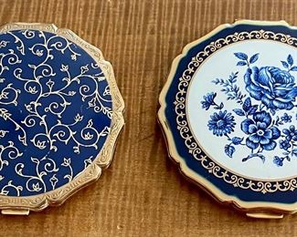 2 Vintage Blue And Gold Tone Floral Stratton Powder Compacts With Puffs And Liners 