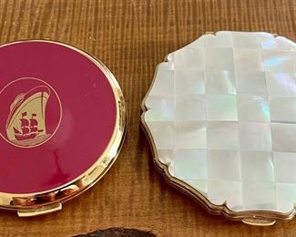 2 Vintage Stratton Powder Compacts Mother Of Pearl And Ship Motif With Puff And Mirror