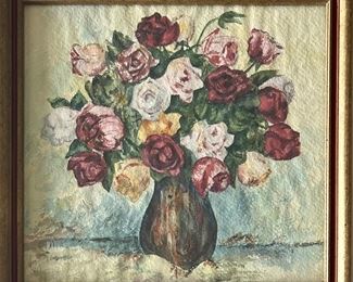 Original 11.25" X 10.25" Floral Still Life Watercolor In Frame 