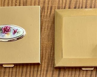 2 Vintage Powder Compacts  (1) Bee Green Rhinestones & (1) Porcelain Flowers With Puffs And Mirror