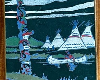 Vintage Enamel Painted Powder & Rouge Compact - Totem Pole - Teepee's - Canoe Made In USA