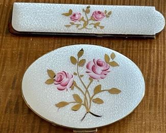 Vintage Pink And White Enamel Top Comp And Powder Compact With Puff And Mirror 