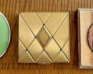 (3) Vintage Compacts - 1930's Scottie Dog Brass And Wood, Bourjois, And Green Enamel Dog