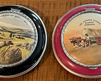 Two Vintage Celluloid And Enamel Souvenir Powder Compacts - Rocky Mountains And Kearney Nebraska 