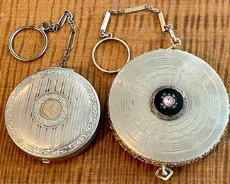 Two Antique Dance Compacts  Finger - Tillie Bell With Enamel Flower & Silver Tone (as Is) 