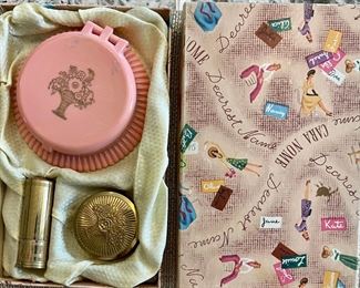 RARE - 1930's Cara Nome Boxed Set Pink Flatter Box Compact - Gold Rouge  And Nu-Red Lipstick Langlois Boston
