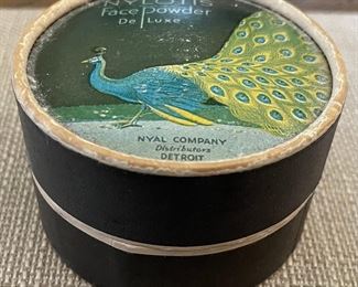 Antique Art Nouveau Round Paper Powder Box With Peacock And Puff 