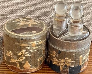 Antique Vantines 3 Bottle Set In Early Paper Mache Holder Asian Motif  