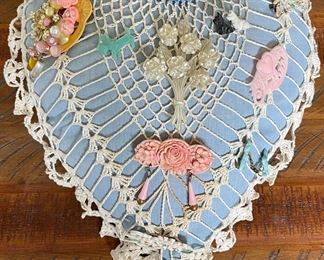Antique Crochet Lace Heart Pillow With Vintage Molded Plastic & Celluloid Brooches - Mother - Dogs - Flowers