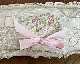 Antique Crochet And Net Lace Large Pin Cushion With Vintage Pins 