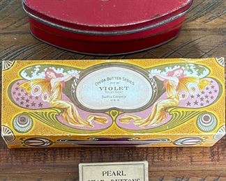 Antique Boxes And Tins - Pearl Shoe Buttons - Swift & Co, Violet Soap Paper Box - Mavis Chocolats Metal Tin