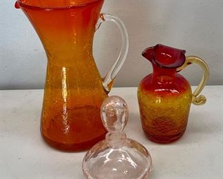 (2) Vintage Amberina Hand Blown Crackle Glass Pitchers With Pink Perfume Bottle