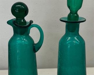 Vintage Hand Blown Teal Crackle Glass Cruet And Decanter With Stoppers (as Is)