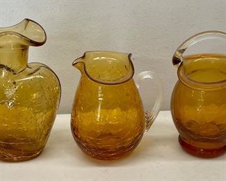 (3) Vintage Handblown Amber Small Crackle Glass Pieces - Heart Vase, Pitcher, And Basket With Handle
