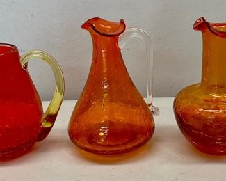 (3) Vintage Hand Blown Amberina Small Crackle Glass Pitchers - (1) Pilgrim