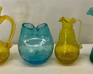 (3) Vintage Small Hand Blown Yellow And Teal Crackle Glass Pitchers With Blue Pinched Vase
