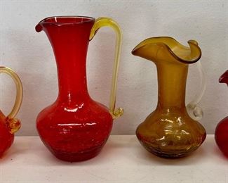 (4) Vintage Hand Blown Red And Amber Small Crackle Glass Pitchers - (1) Pilgrim (as Is)