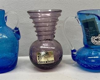 (3) Vintage Hand Blown Pieces Of Blue & Purple Crackle Glass Pitchers & Vase - (2) Pilgrim Glass With Stickers