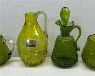 (4) Pieces Of Hand Blown Green Crackle Glass Including (2) Pilgrim With Original Stickers 