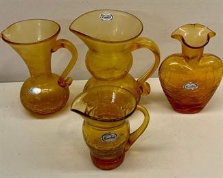 (4) Pieces Of Hand Blown Rainbow Amber Crackle Glass - Heart Vase, & 3 Pitchers With Stickers 