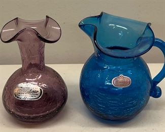 Vintage Rainbow Crackle Glass Blue & Purple Creamer & Ruffled Vase With Stickers 