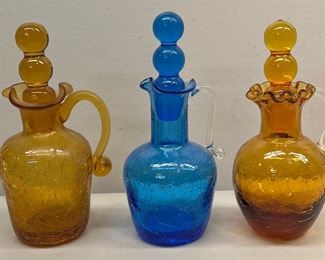 (3) Vintage Blue & Amber Crackle Glass Cruets With Ball Stoppers - One Rainbow With Sticker 
