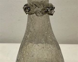 Hand Blown Grey Crackle Glass 7" Vase With Ruffled Top And Trim  