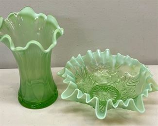 Vintage Jefferson Glass Green Opalescent Vase & Ruffled Floral Pattern Bowl 