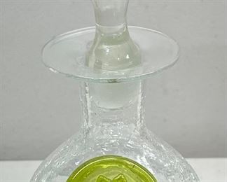 Vintage Rainbow Clear Crackle Glass Decanter With Green Medallion & Stopper ( As Is ) 