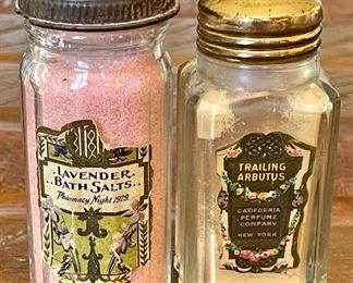 Art Deco Lavender Bath Salts Pharmacy Night 1929 & Trailing Arbutus California Perfume Company Sachet Bottles