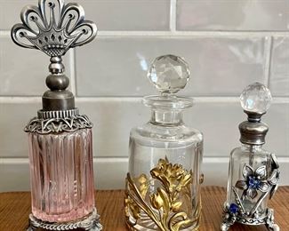 Antique Ormolu Metal Perfume Holder With Crystal Perfume Bottle & Two Vintage Metal And Glass Perfume Bottles