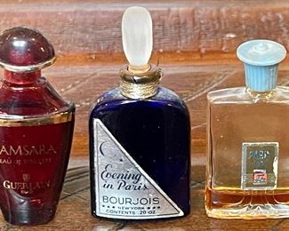 3 Antique Perfume Bottles - Paris De Coty - Evening In Paris Bourjois .2 Fl Ounce - Samsara Guerlain Paris .17