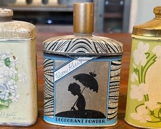 3 Antique Talcum Powder Tins - Wild Violets Lazell Perfumer - Watkins Deodorant Powder - Colgate Talcum Powder