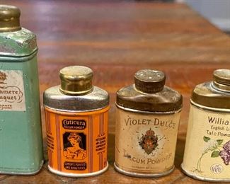 4 Antique Talcum Powder Tins With Lids - Cashmere Bouquet Colgate - Cuticura - Violet Dulce - Williams Lilac