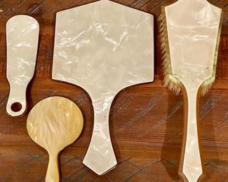 Vintage 20's Celluloid Vanity Set Dupont Pyralin Brush - Hand Mirrors & Shoe Horn 
