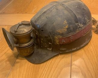 #6 MSA Comfo Cap Miners Helmet Tiger Stripe USA with auto lite lantern size 7 1/8  labeled with the miner's name and years of service. One-Of-A-Kind          $266