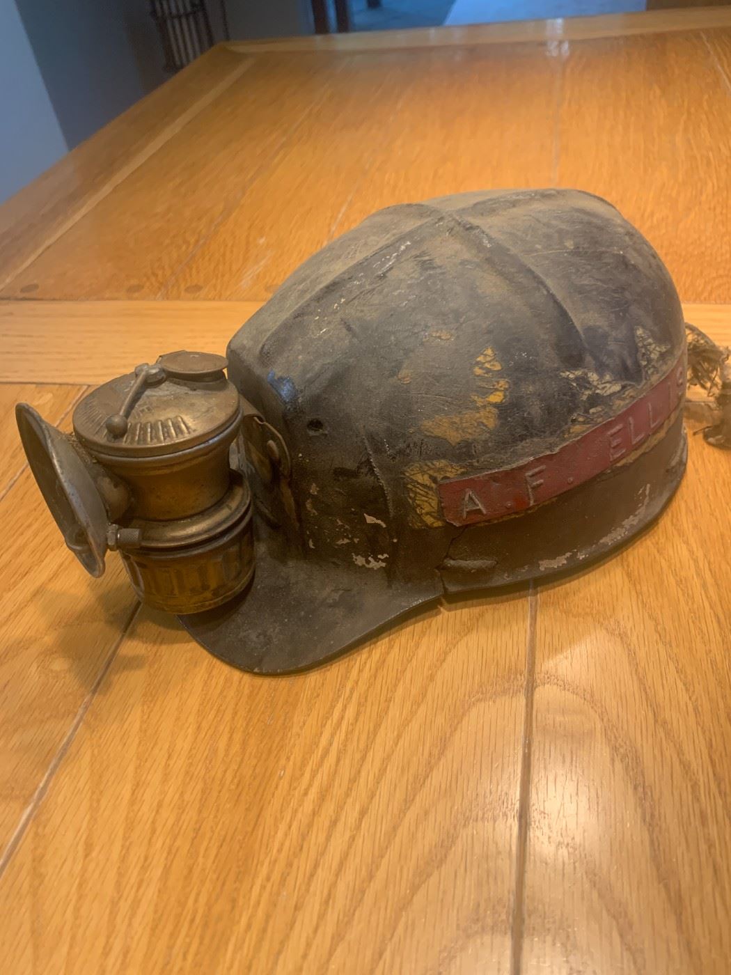#6 MSA Comfo Cap Miners Helmet Tiger Stripe USA with auto lite lantern size 7 1/8  labeled with the miner's name and years of service. One-Of-A-Kind          $266