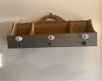 #51 metal and wood wall hanging with hooks          $33