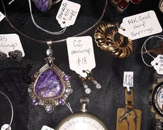 Rare pocket slide rule, jewelry, and vintage James Avery keychain.