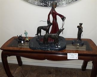 Vintage oriental sofa table and art deco bronzes