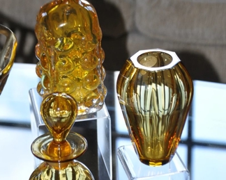 Vintage 5.75" Amber Moser Glass Vase, Vintage Amber 9.5" Bubble Glass Decanter Shown with a Vintage  8" Amber Glass Perfume Bottle
