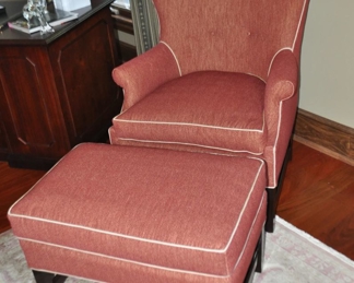 Spectacular Sanborn Wing Back Chair with Ottoman by Nancy Corzine with Fantastic Leather Welting. Chair: W32.5" x H44” x D31" and Ottoman W28.5" x H19" x D19"