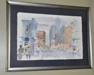 Framed and Matted Watercolor on Paper "Detroit Street Scene" Signed by Michigan Artist Sam Karres 1980 (1929-2021) 29" x 22" 