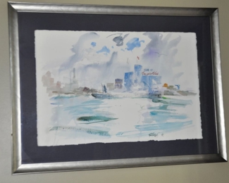 Framed and Matted Watercolor on Paper "View of Windsor from Detroit". Signed by Michigan Artist Sam Karres 1980 (1929-2021) 29" x 22" 