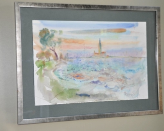 Framed and Matted Watercolor on Paper "View of Lake Saint Claire". Signed by Michigan Artist Sam Karres 1990 (1929-2021) 28" x 21" 